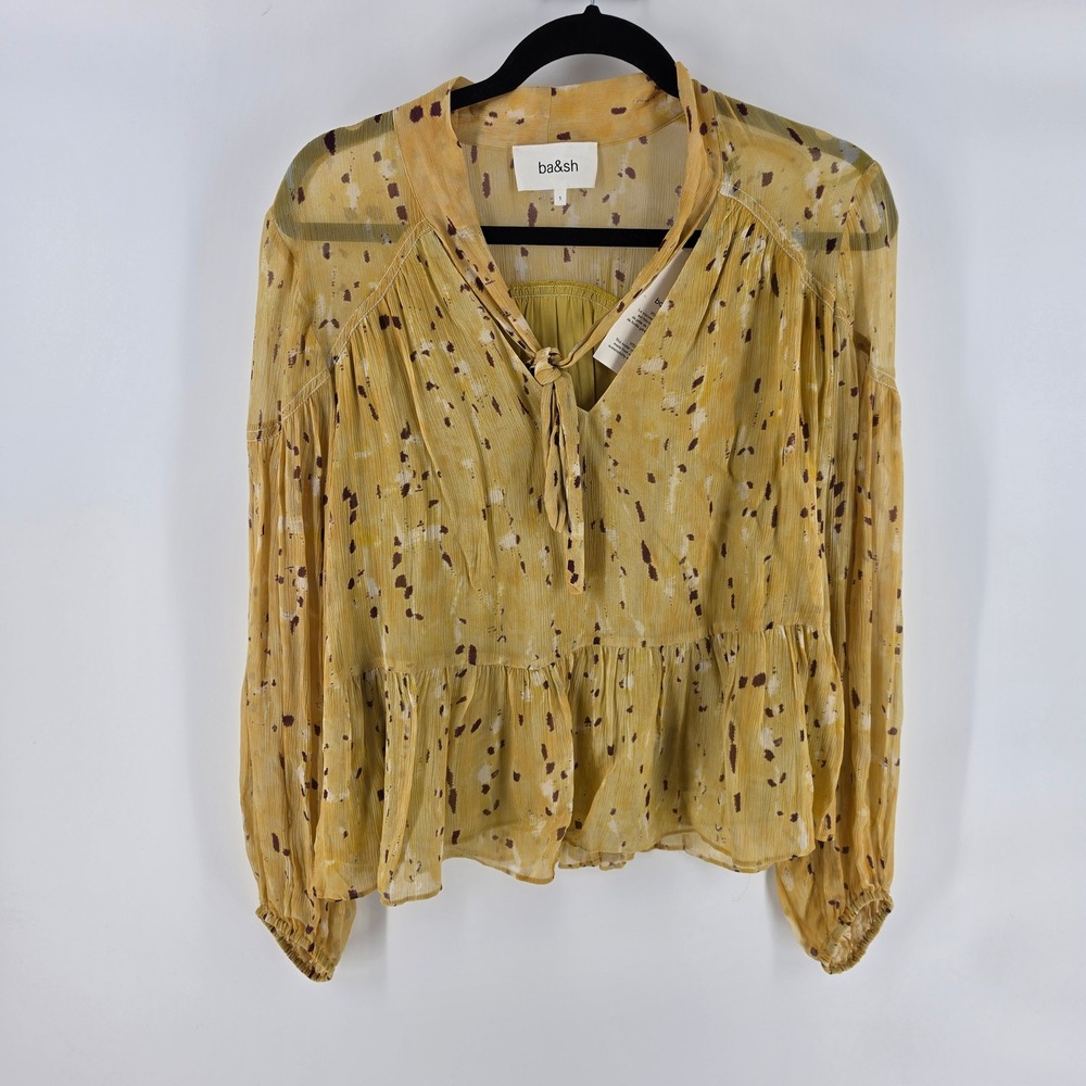 ba&sh Kamala Blouse Small Yellow Print Chiffon Tie Neck Peplum Boho Top NWT